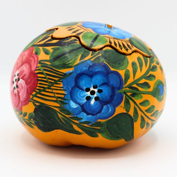 Vintage Mexican Folk Art Hand Painted Gourd Trinket Vessel 4.5" Floral Design - Picture 2 of 8